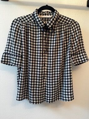 ZARA Short Sleeve Black & White Gingham Tie-Neck Blouse - Women